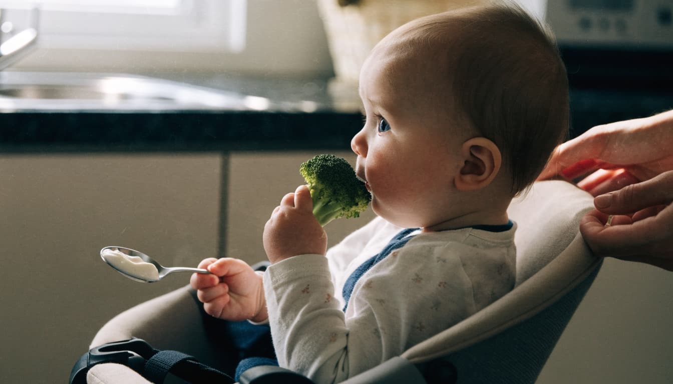 A baby explores soft broccoli and yogurt while seated upright in a high chair.