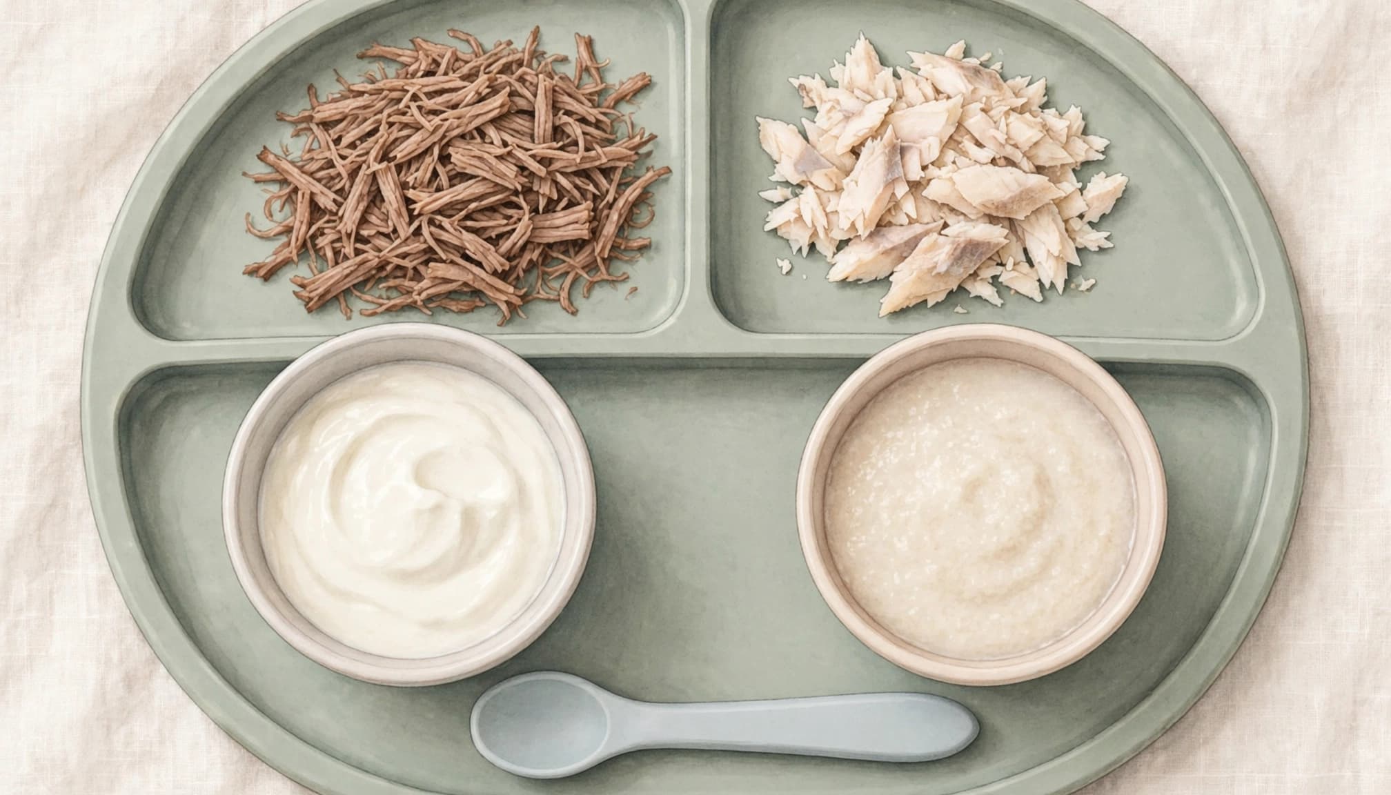 A divided green plate with shredded beef, flaked fish, yogurt, cereal, and a blue spoon.