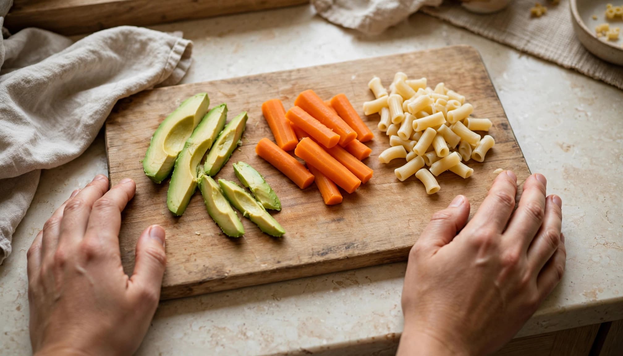 Avocado strips, carrot batons, and pasta sit on a cutting board near two adult hands.