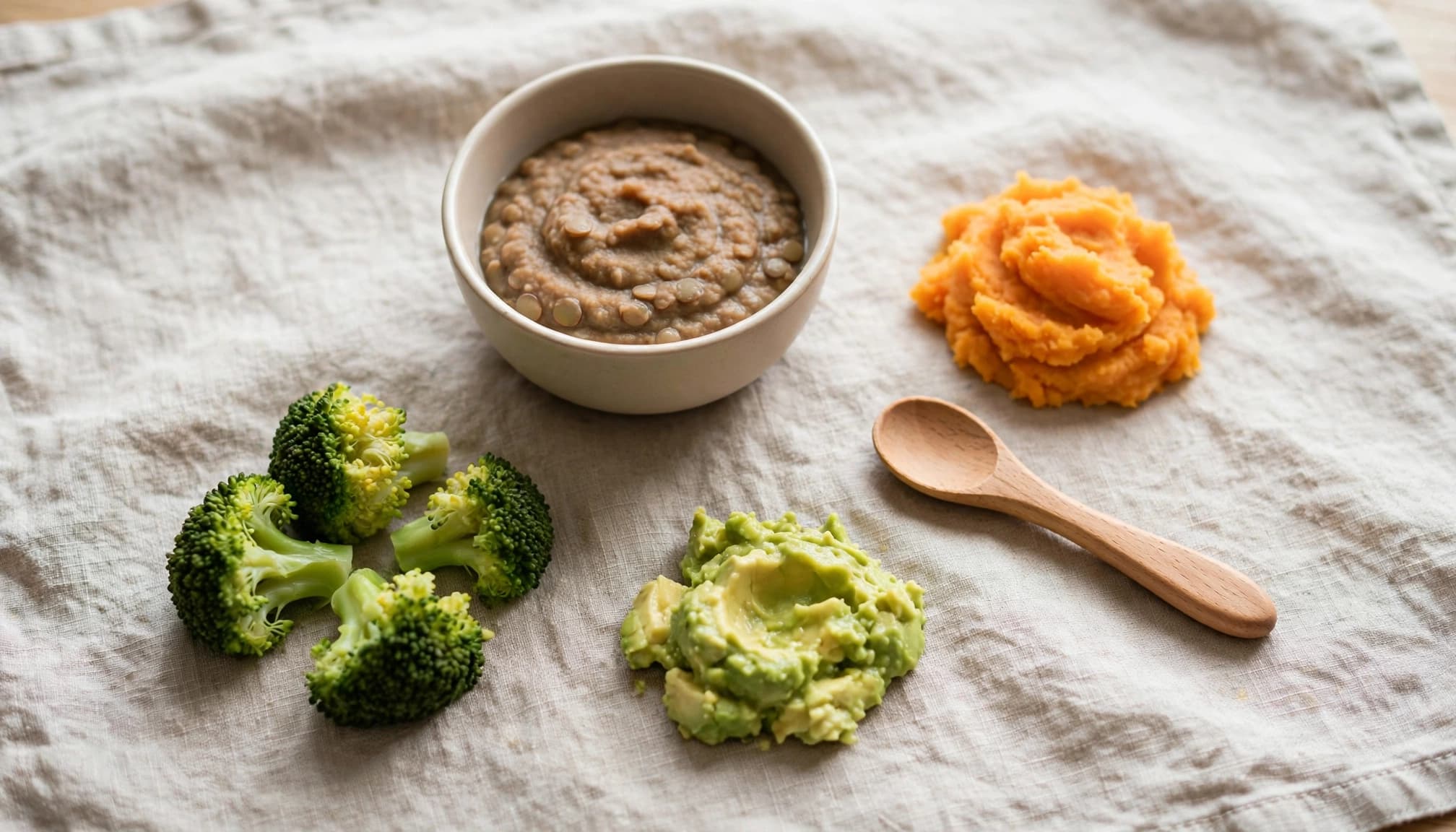 Broccoli, avocado, mashed sweet potato, and lentil puree served with a wooden baby spoon.