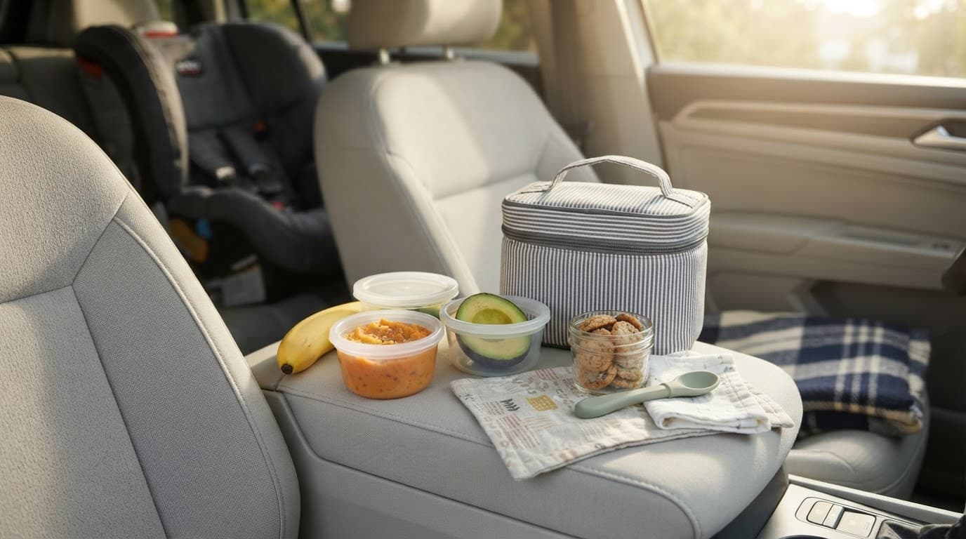 Baby foods, a spoon, containers, and cooler arranged inside a family car.