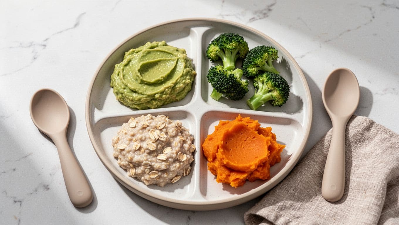 Divided plate with avocado, oatmeal, sweet potato, broccoli, spoon, and napkin.
