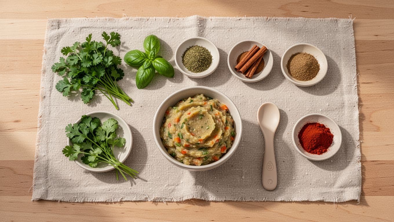 Fresh herbs and mild spices beside soft vegetable mash in a bowl with a baby-safe spoon.