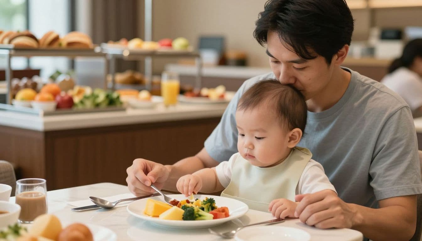 A parent and baby share a hotel breakfast with soft fruit, vegetables, a bib, and spoon.