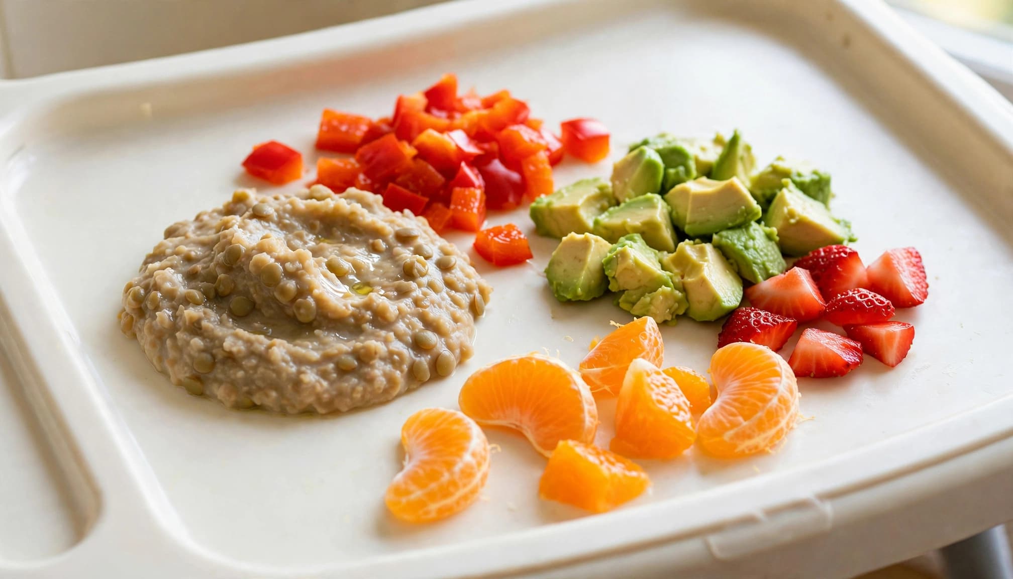 Lentil mash, soft red pepper, avocado, and fruit on a high-chair tray.