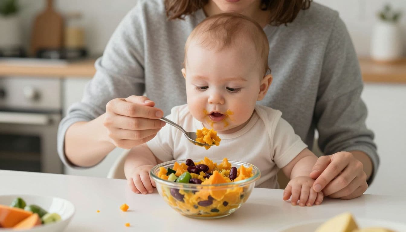 Caregiver feeding a baby smooth mashed vegetables at a kitchen table.