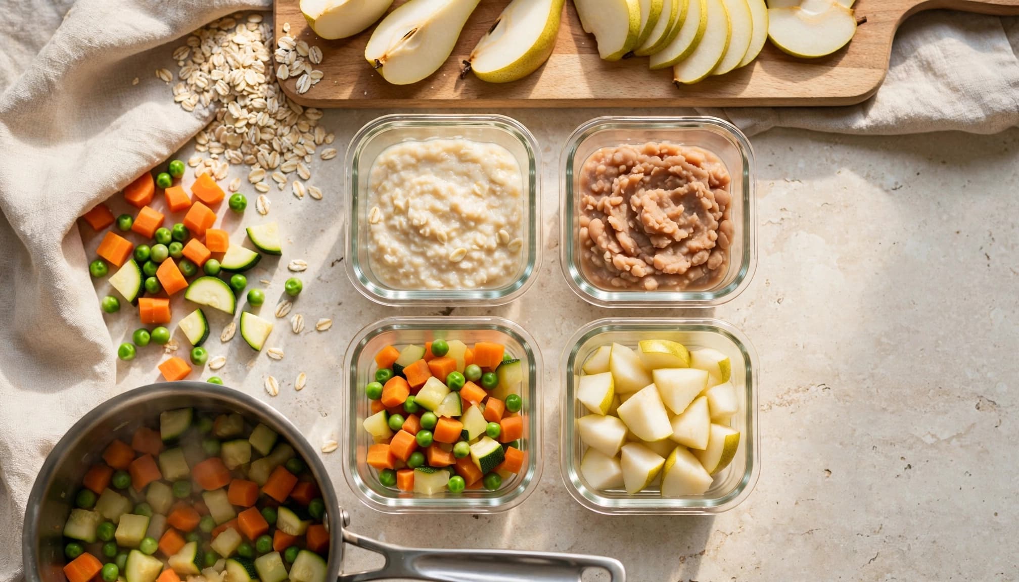 Small glass containers of baby food ingredients sit beside a cutting board and saucepan.