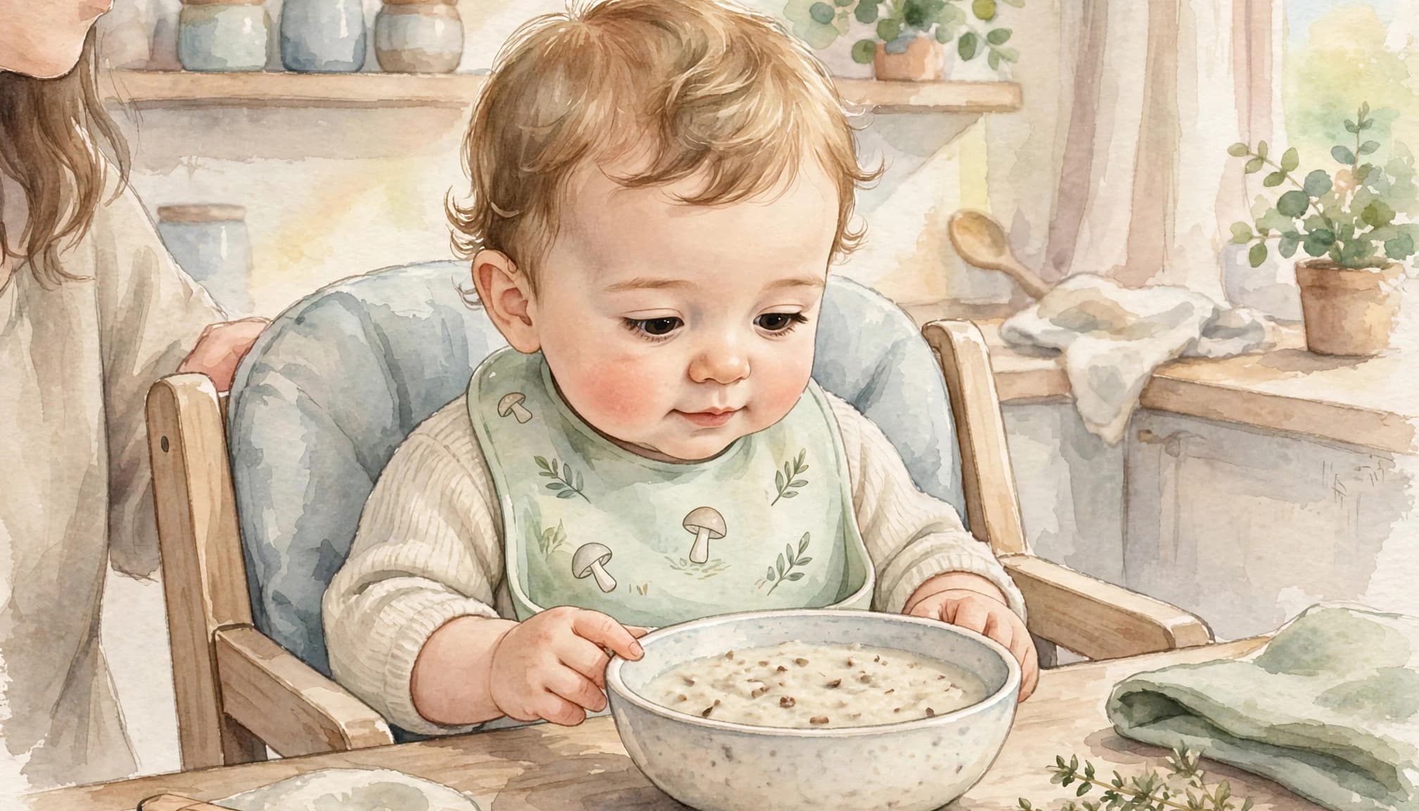 A baby in a high chair sits at a table looking at a bowl of food, with a caregiver partially visible.
