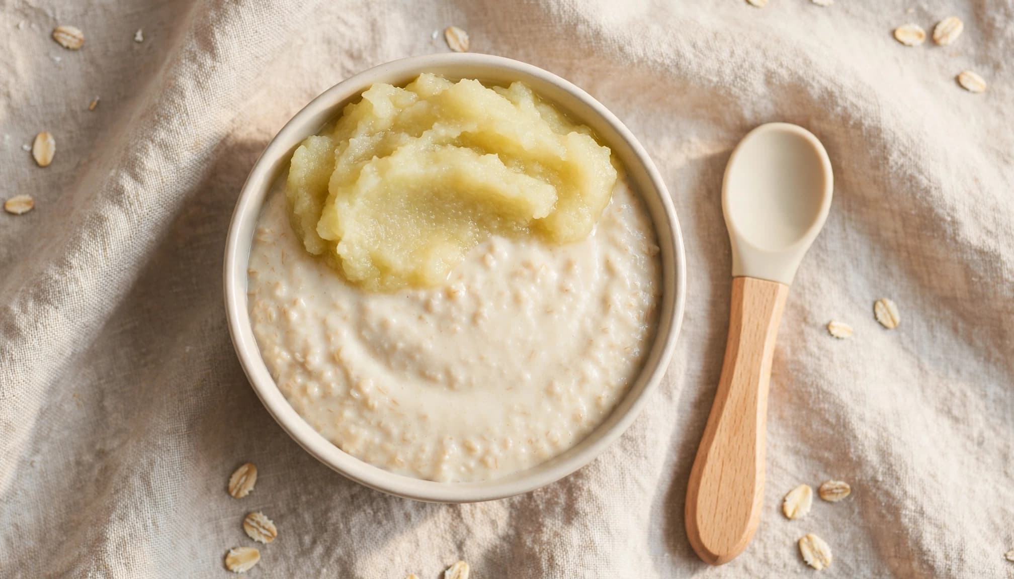 Creamy oatmeal topped with mashed pear beside a small spoon on a linen-covered table.
