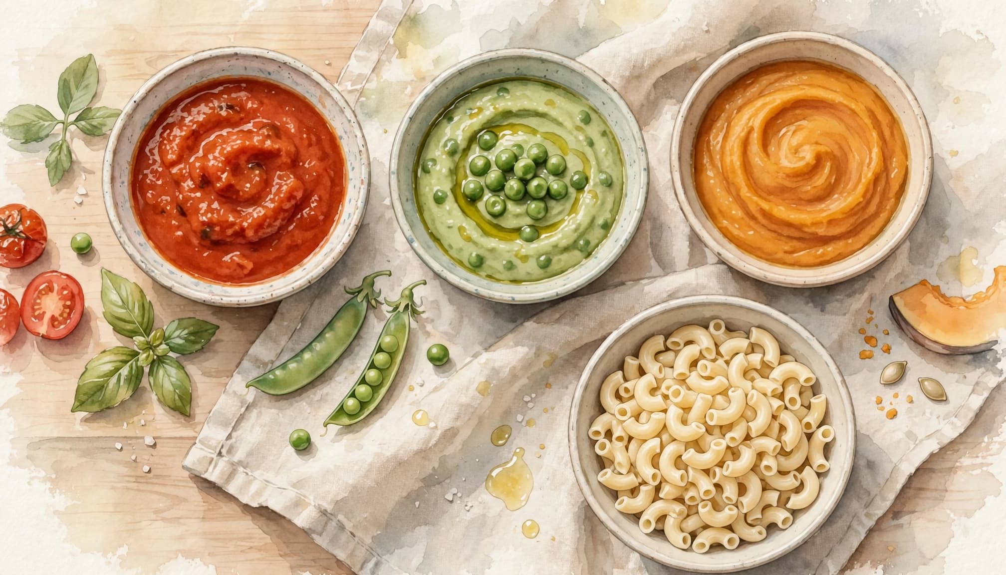 Watercolor illustration of three small bowls of baby pasta sauce and a bowl of macaroni.
