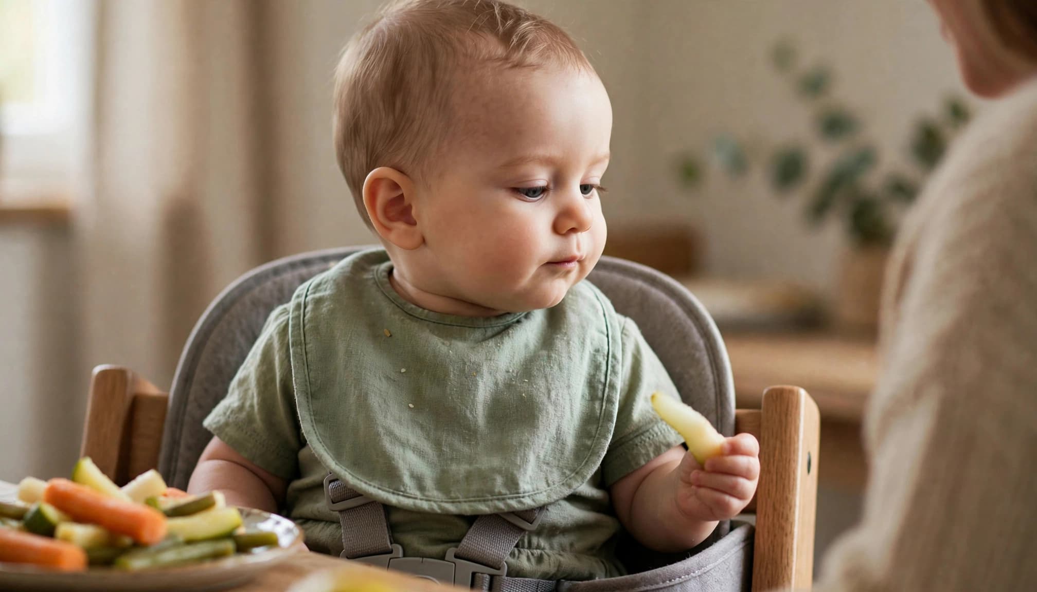 A baby eats a strip of pear in a high chair beside a plate of vegetables.