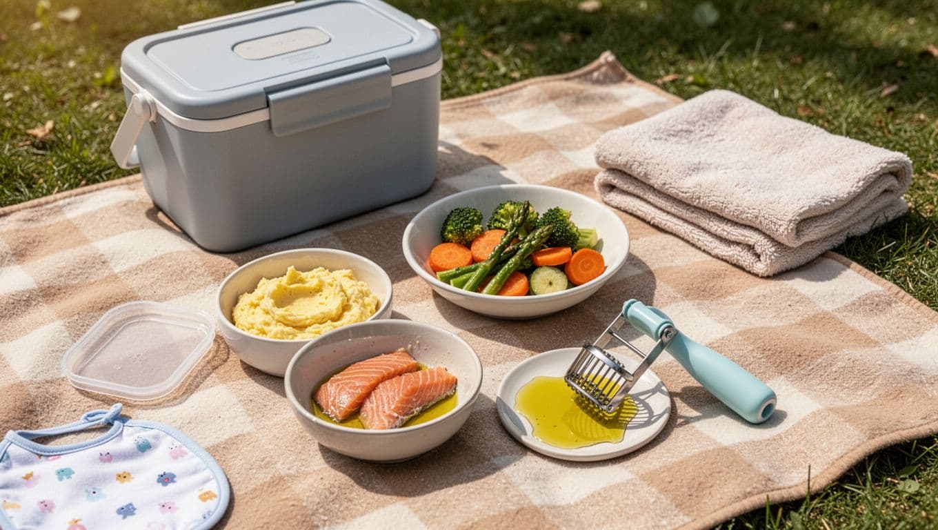 Soft baby foods and a hand masher arranged on a sunny picnic blanket.