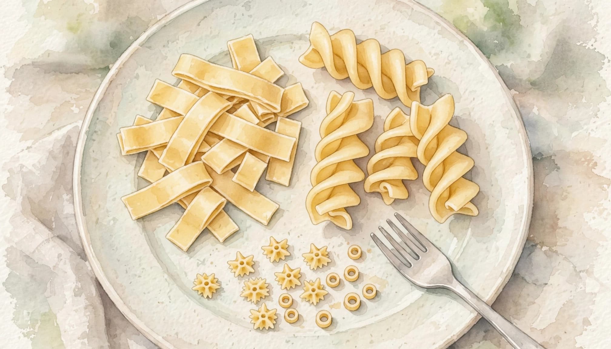 Watercolor illustration of various baby pasta shapes and a fork on a plate.