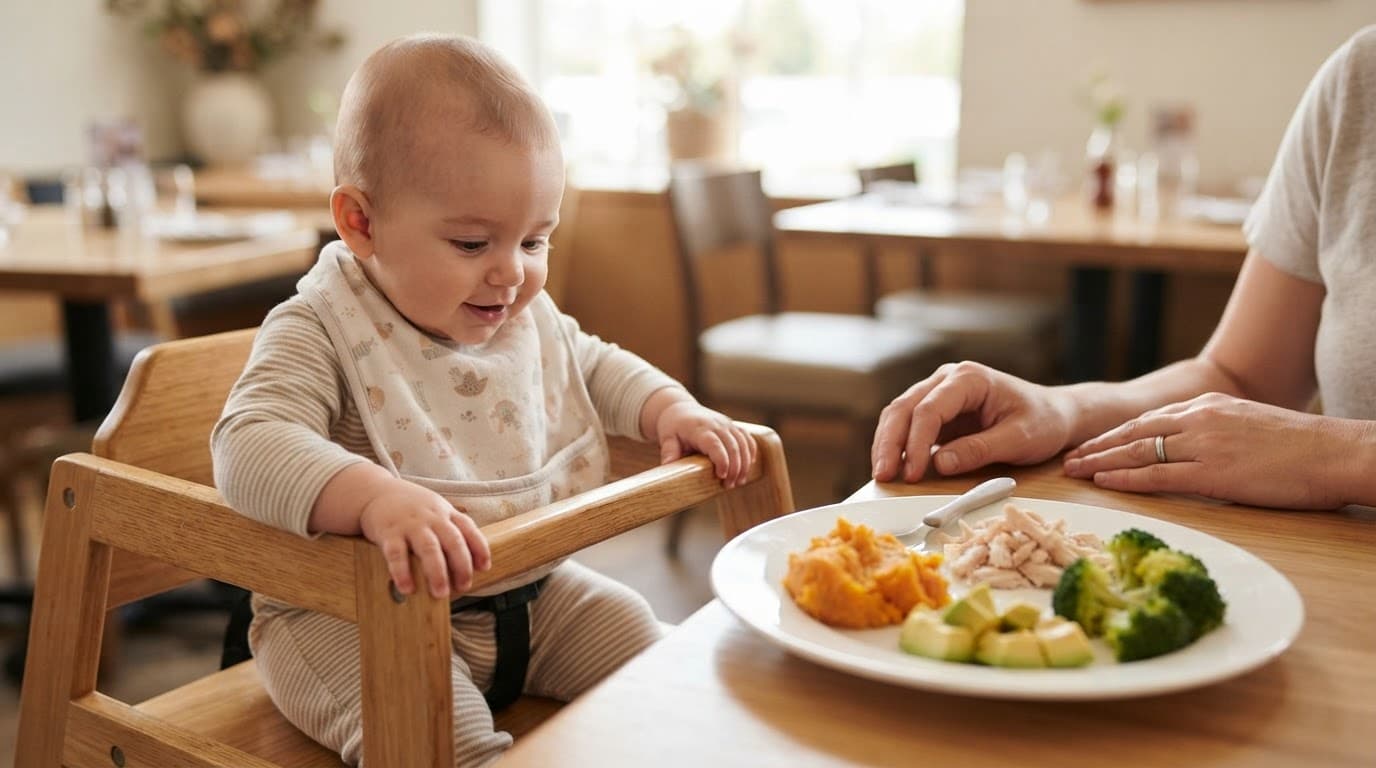 Baby in a high chair beside soft foods on a restaurant table.
