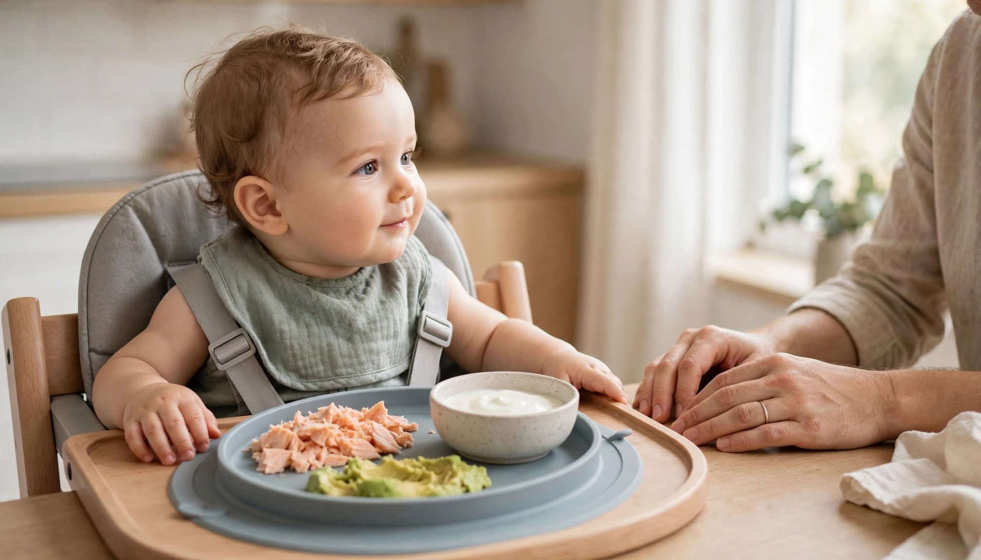 A baby in a high chair looking at food on a plate while an adult's hands rest nearby.