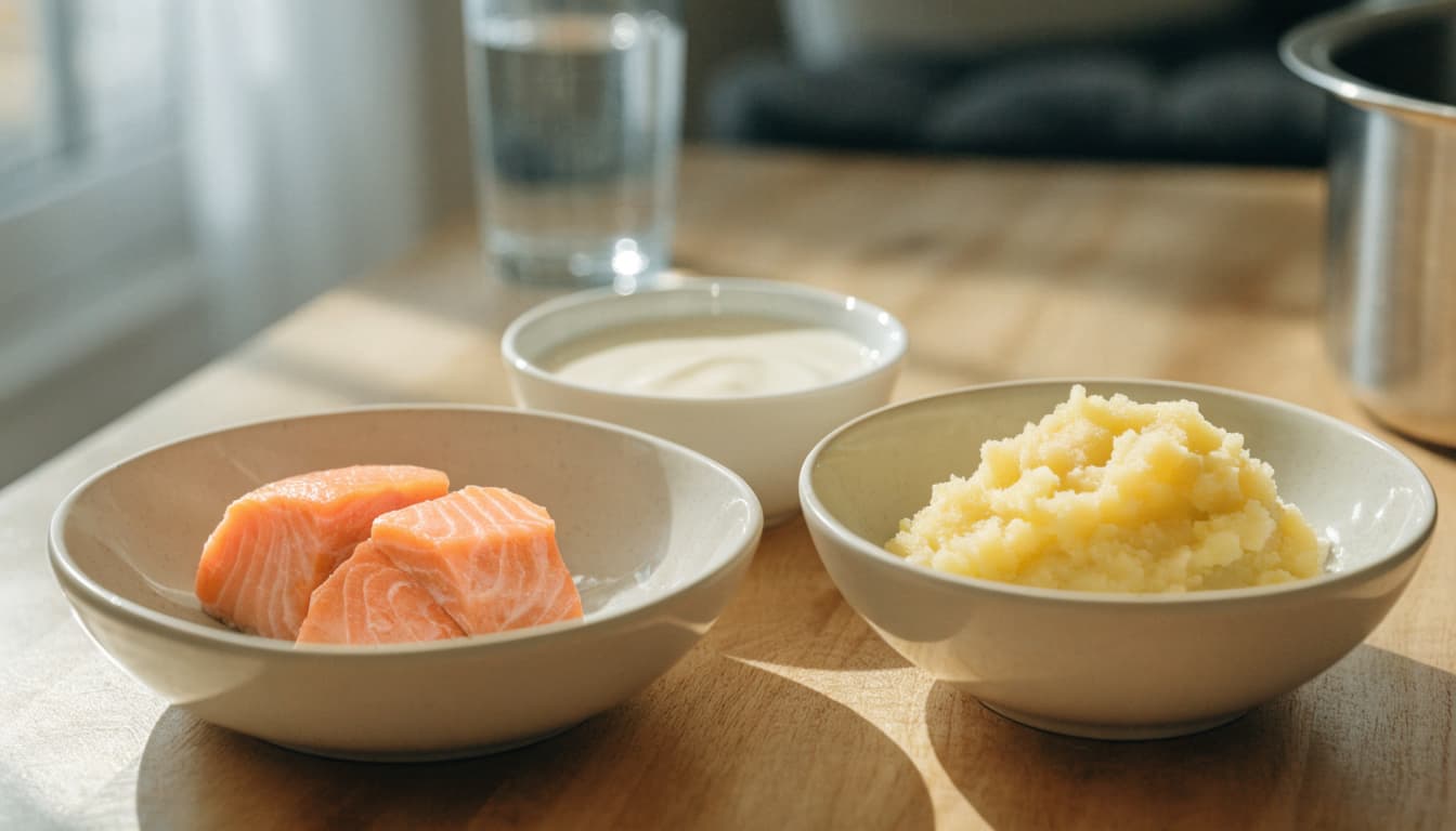 Small bowls of salmon, yogurt, and mashed potato sit on a kitchen counter near a high chair.