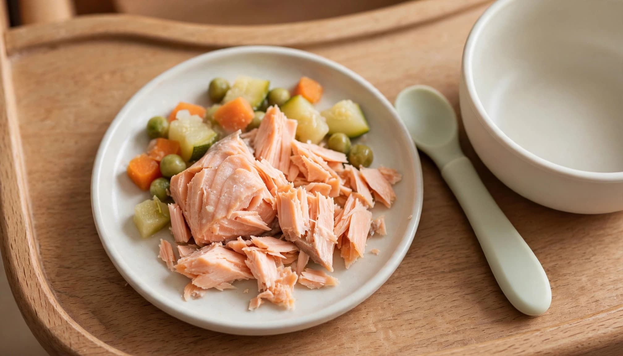 Flaked salmon and soft vegetables sit on a small plate beside a baby bowl and spoon.