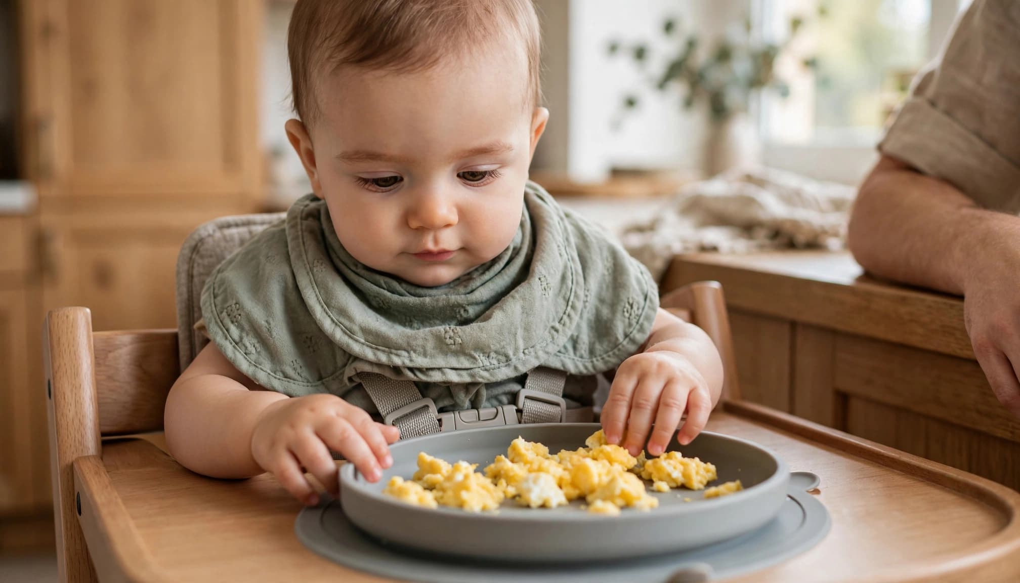 A baby touches soft scrambled egg pieces on a plate in a high chair.