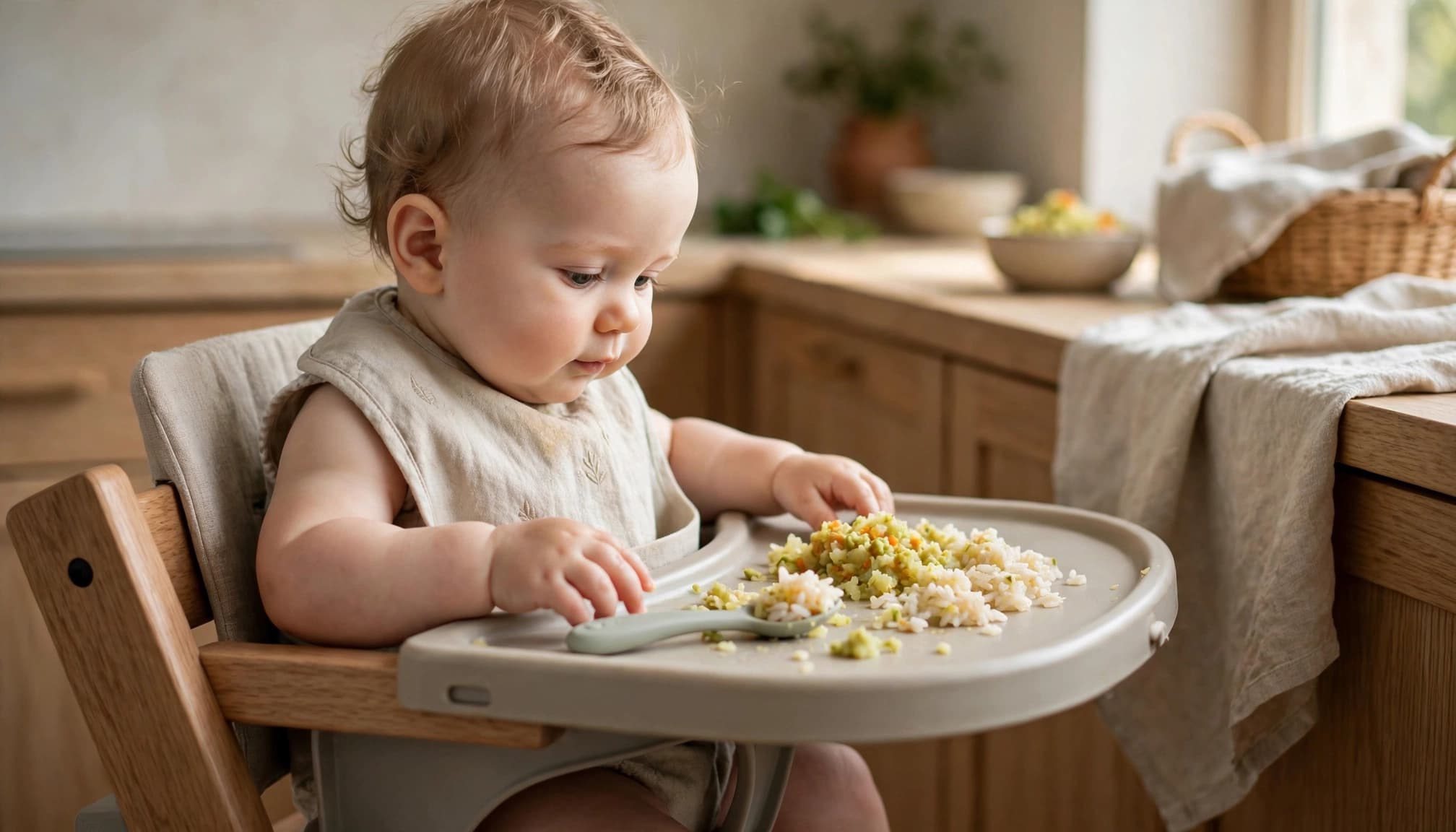 A baby in a high chair eating rice and vegetables from a tray in a kitchen.
