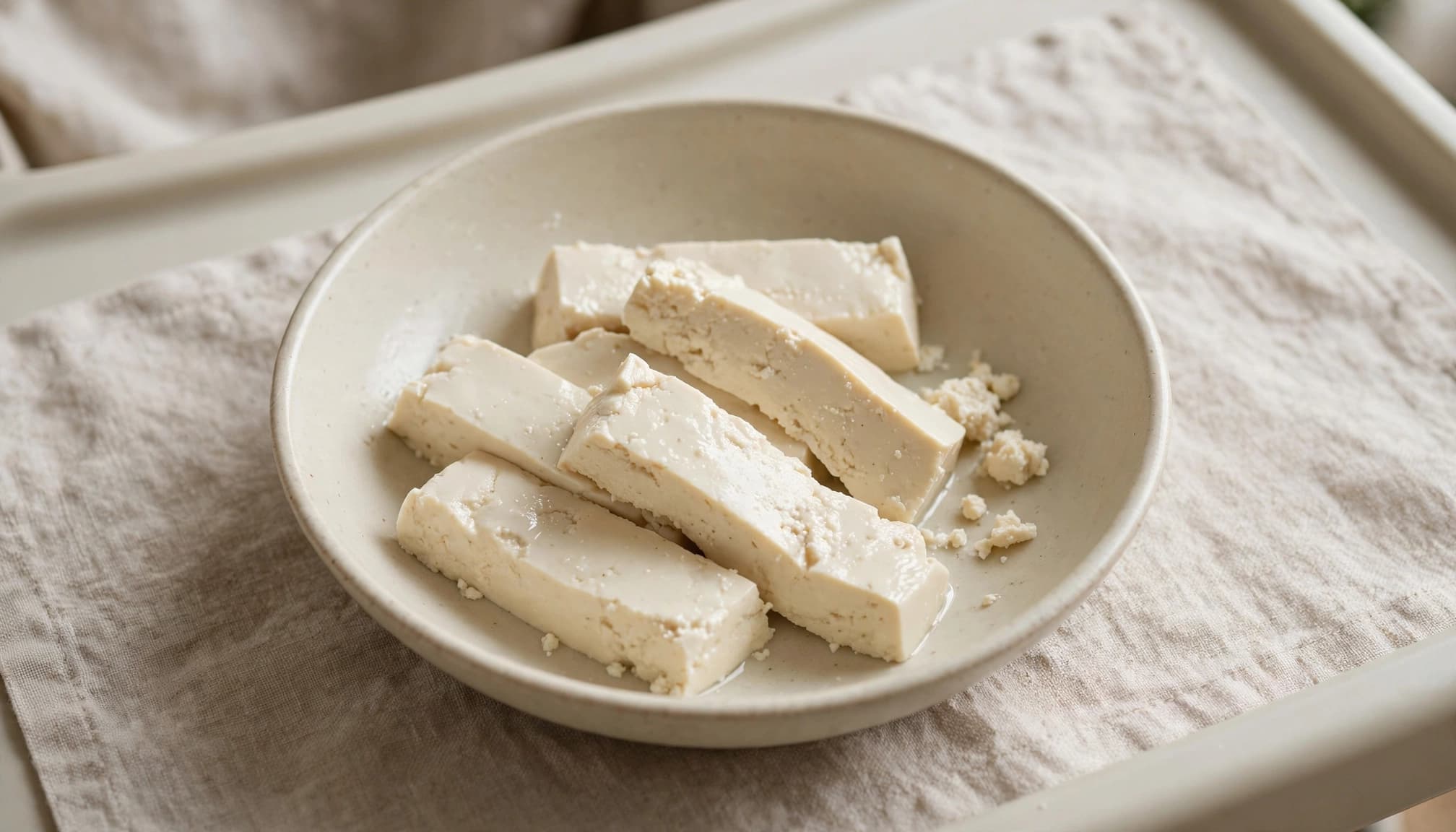 Soft tofu strips and small crumbles in a bowl on a highchair tray.