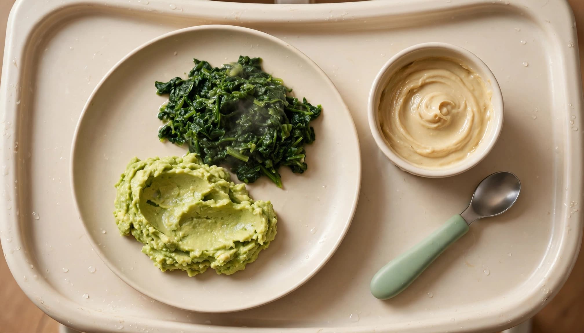 A plate of mashed avocado and spinach with a small bowl of puree and a spoon on a highchair tray.