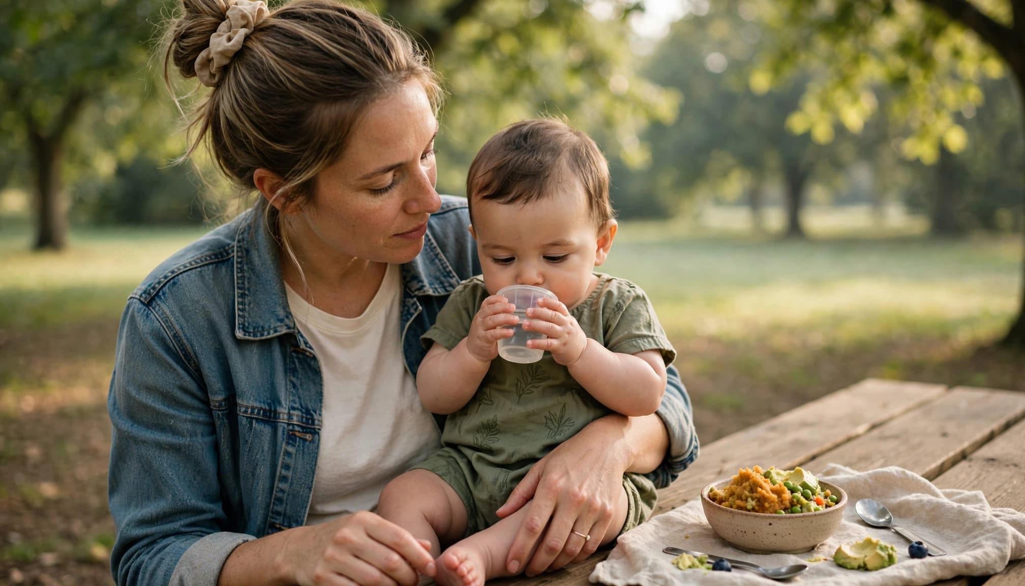 Mother helps her baby take a small sip of water beside mashed foods at a park table.
