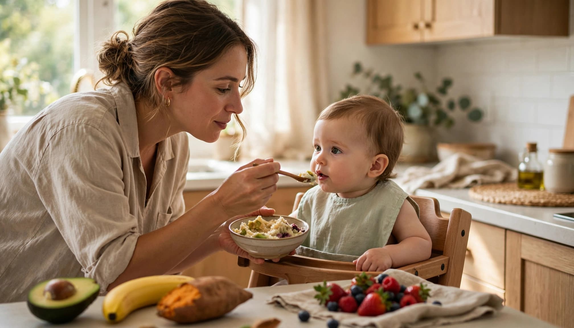 Mother feeding mashed whole foods to a baby in a high chair.