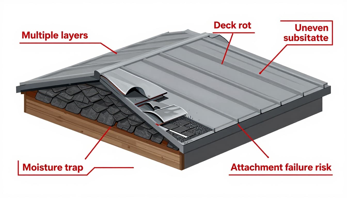 Clean vector infographic illustrating cross-section of a failed metal roof retrofit over damaged asphalt shingles, rotted deck, multiple layers, poor fasteners, trapped moisture, and inadequate flashing, with red warning callouts.
