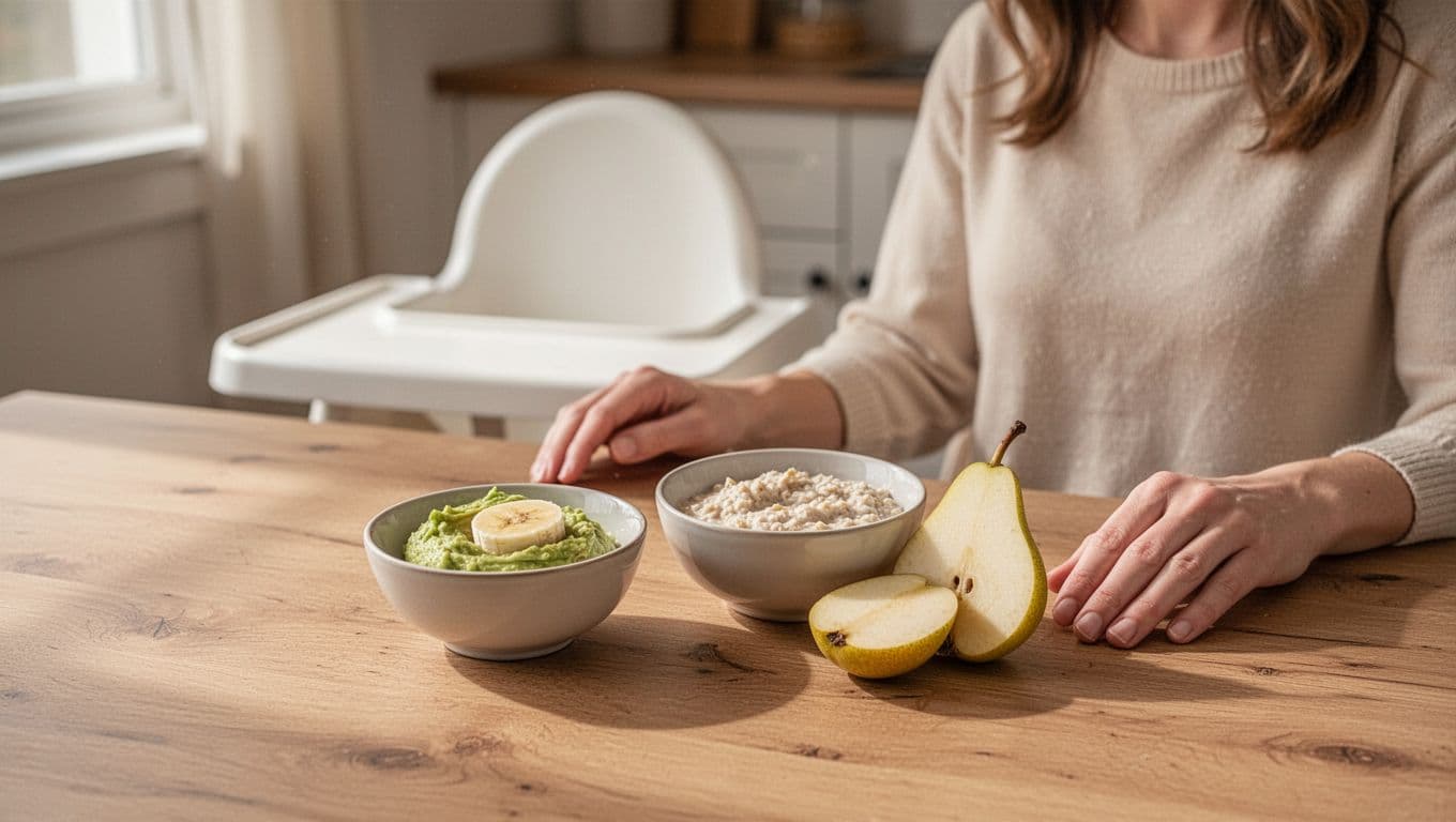Mother beside bowls of oatmeal, mashed fruit, and pear at a sunny kitchen table.