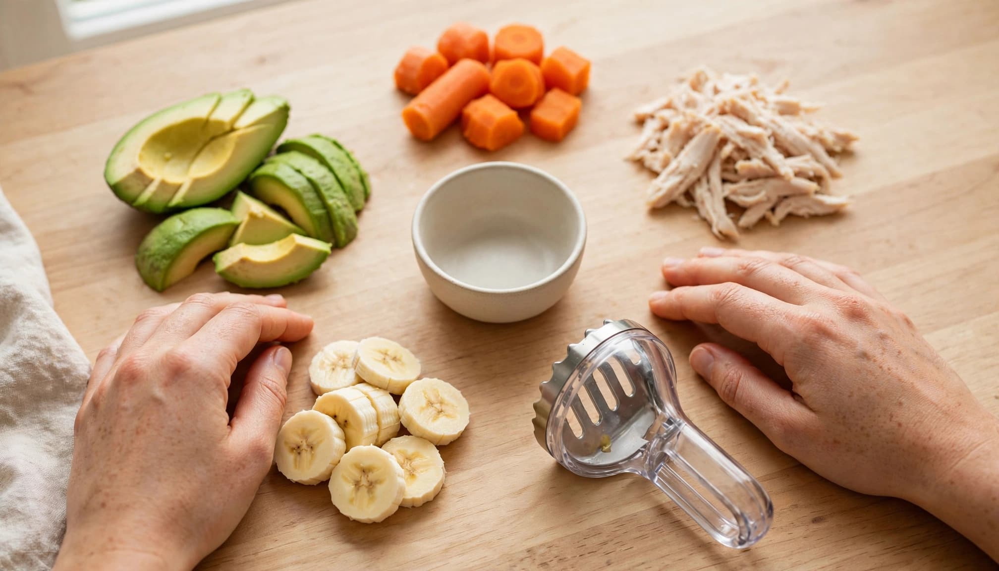Hands prepare avocado, carrot, chicken, and banana with a baby food masher.