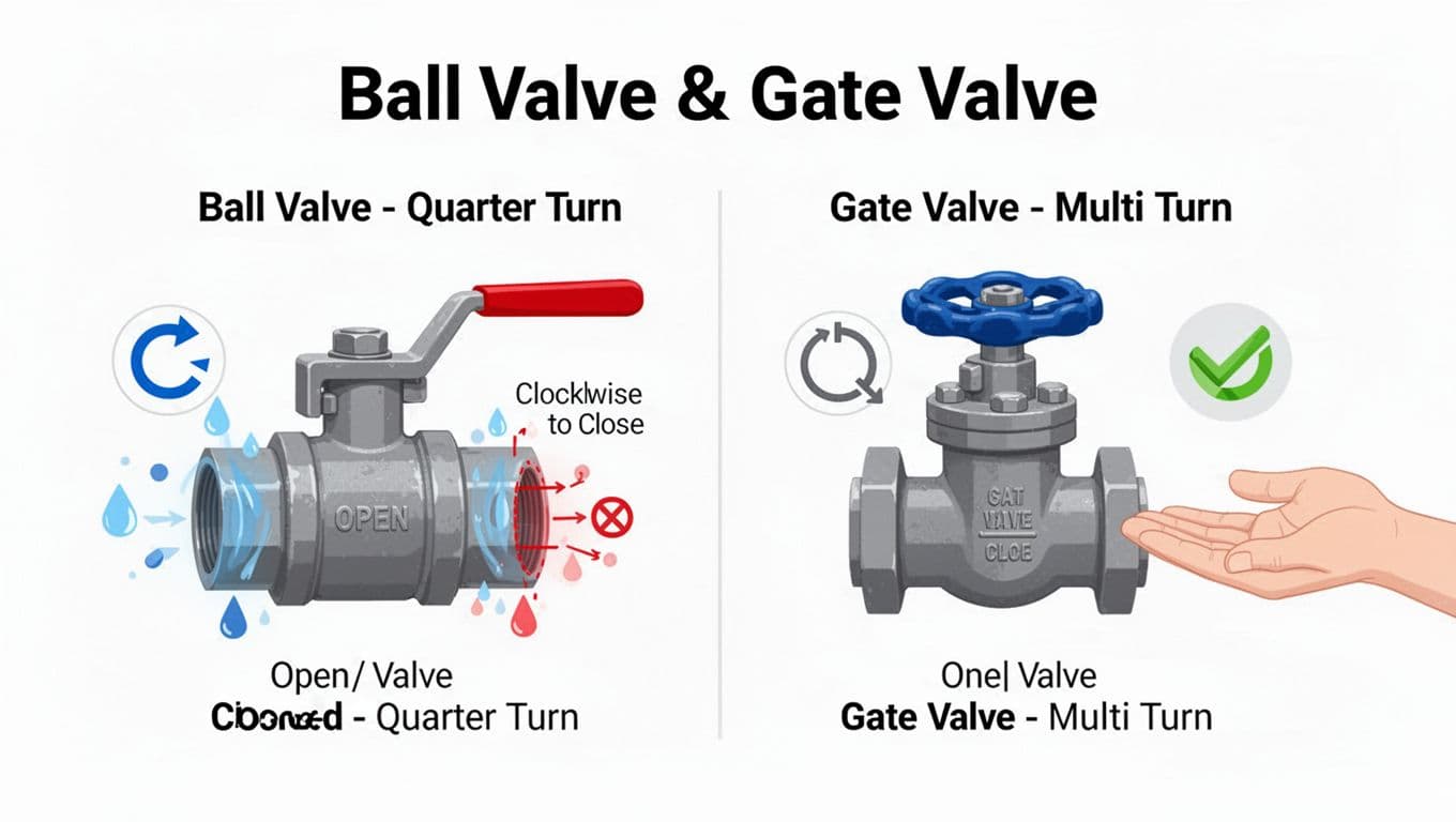 Bright modern flat-vector infographic comparing ball valve and gate valve for home water shutoff, side-by-side with open/closed positions, lever handle for ball valve and wheel for gate valve, simple labels, high contrast on white background.