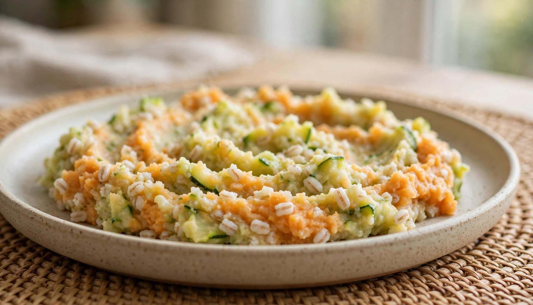 Lightly mashed barley with zucchini and sweet potato on a ceramic plate.