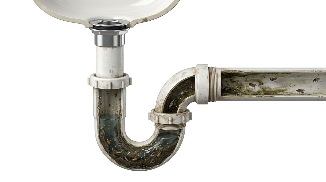 Photorealistic cutaway illustration of a bathroom P-trap and drain line showing organic buildup, slime in the trap curve and pipe walls, and potential phorid fly breeding sites.