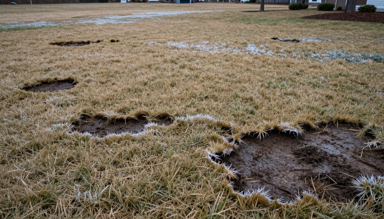 Photorealistic close-up of straw-colored scalped patches, exposed crowns, bare soil, frost burn, and wheel ruts on a Bermuda grass lawn in Atlanta after poor early scalping, with healthier background and early morning light.