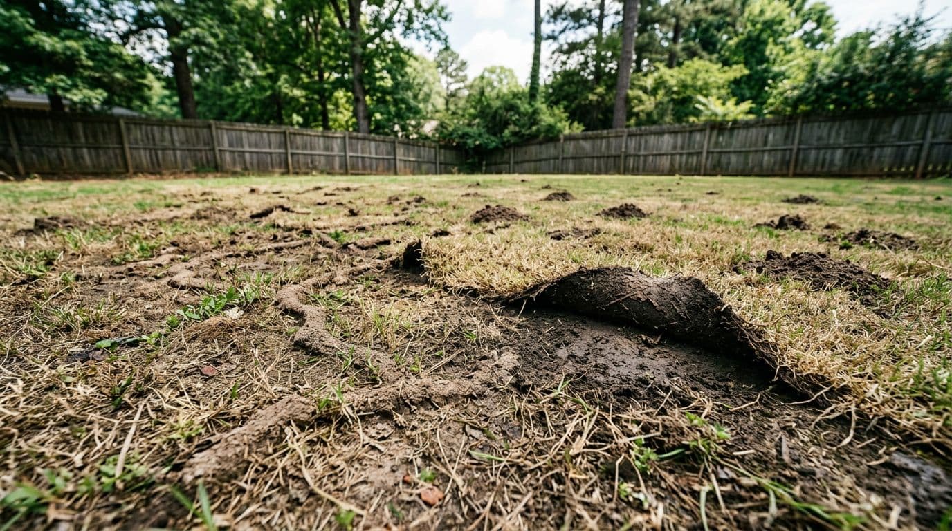 Wide ground-level view of a bermudagrass lawn in suburban Atlanta Georgia yard featuring patchy thinning grass, small raised tunnels, ridges, loose soil piles, and turf peeling like loose carpet, with subtle backyard fence in natural daylight.