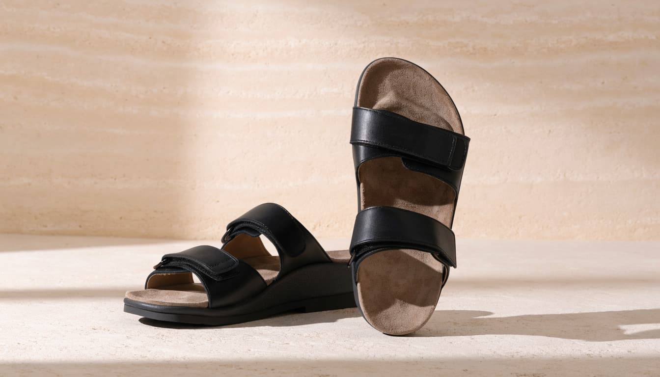 Two black sandals on limestone, with one turned to show its shaped footbed.