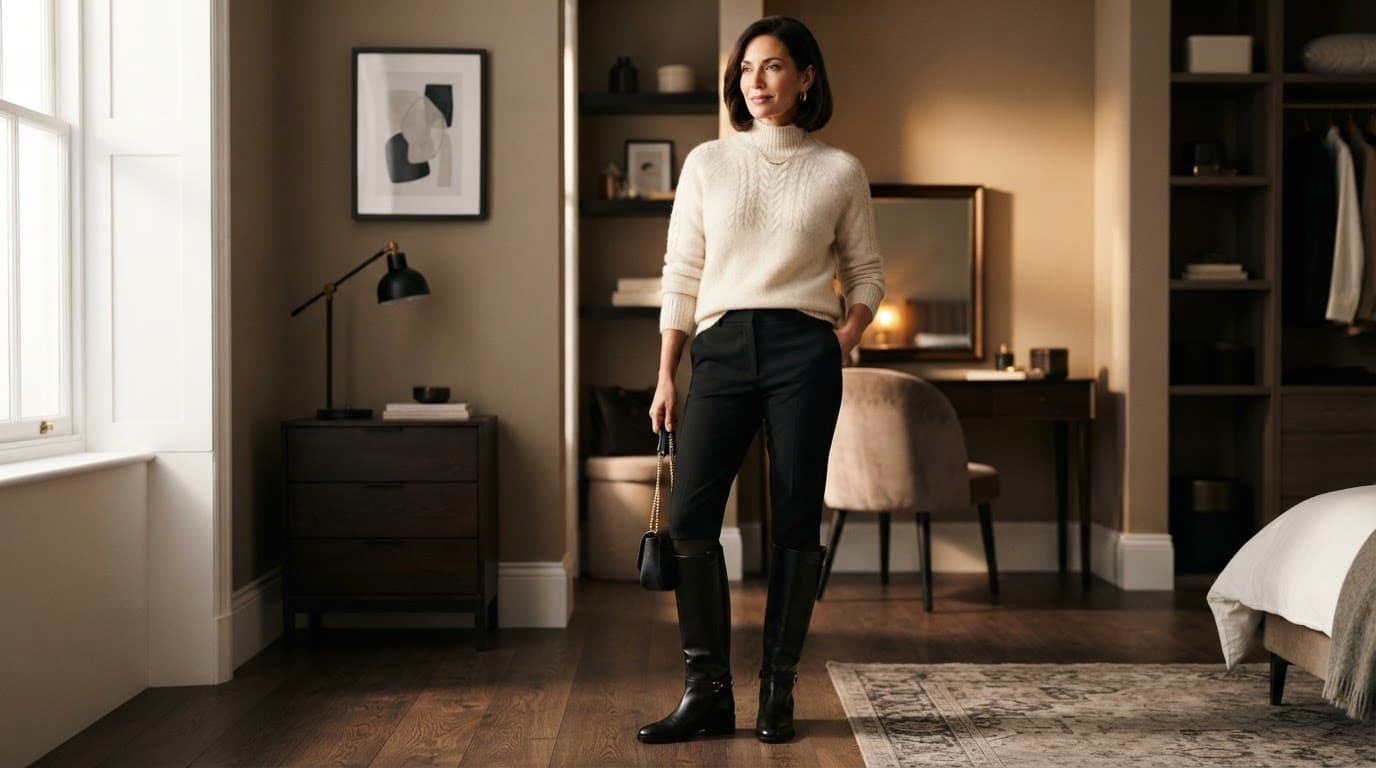 Woman in black trousers and tall boots with a cream sweater in a warm dressing area.