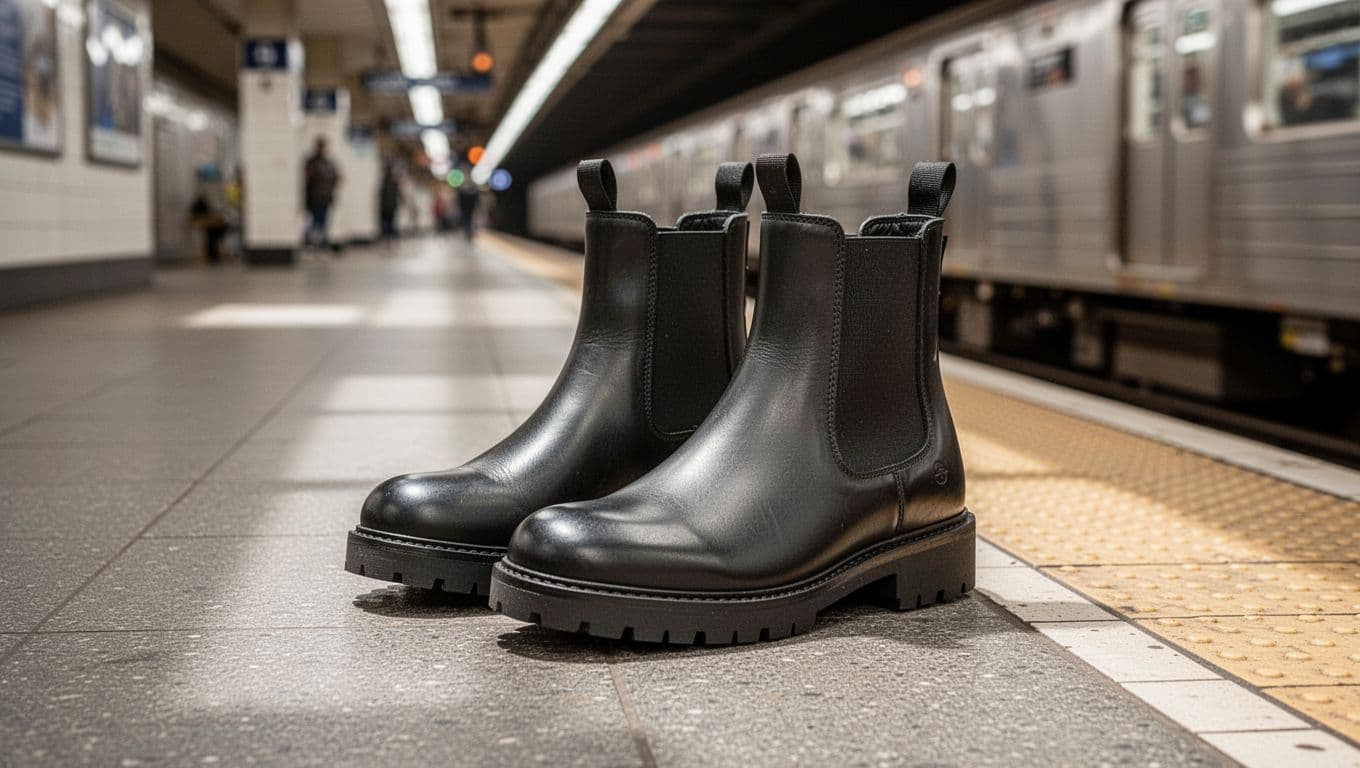 Black Chelsea boots resting on a clean subway platform edge.