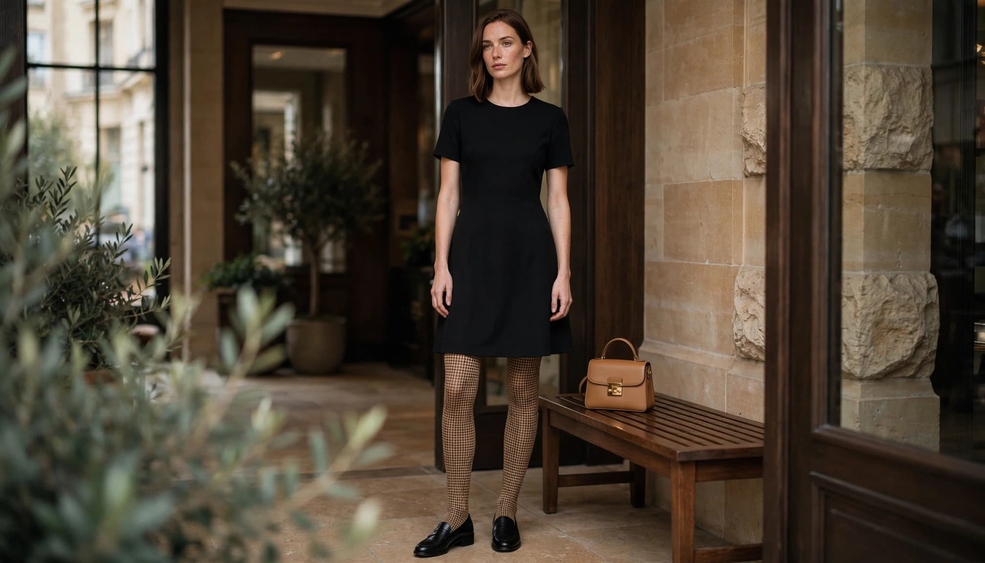 A woman in a black dress and houndstooth tights stands beside a bench with a tan handbag.