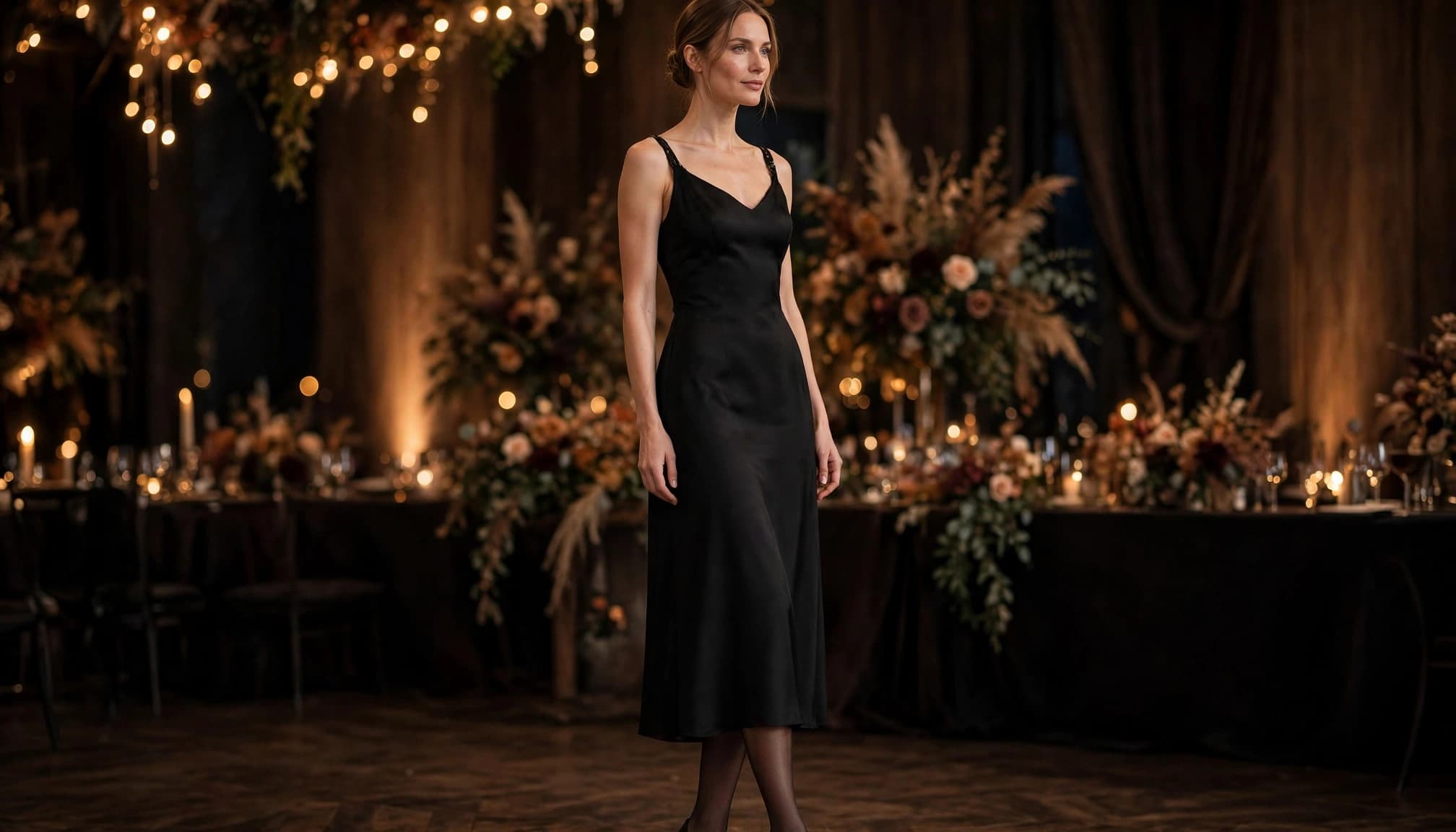 Woman in a black evening dress and sheer hosiery at a warmly lit wedding reception.