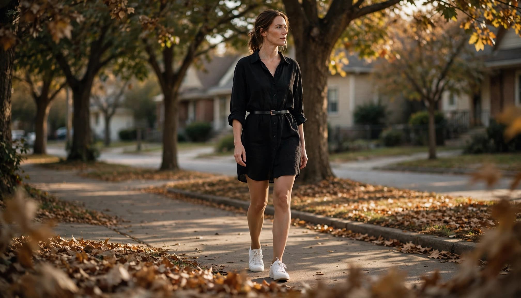 A woman in a black shirt dress and sneakers walks along a tree-lined sidewalk.