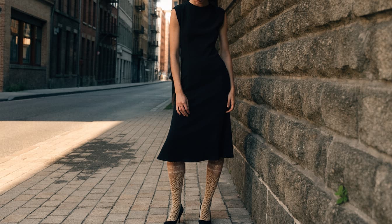 A woman in tan crochet pantyhose, a black dress, and low pumps stands beside a stone wall.