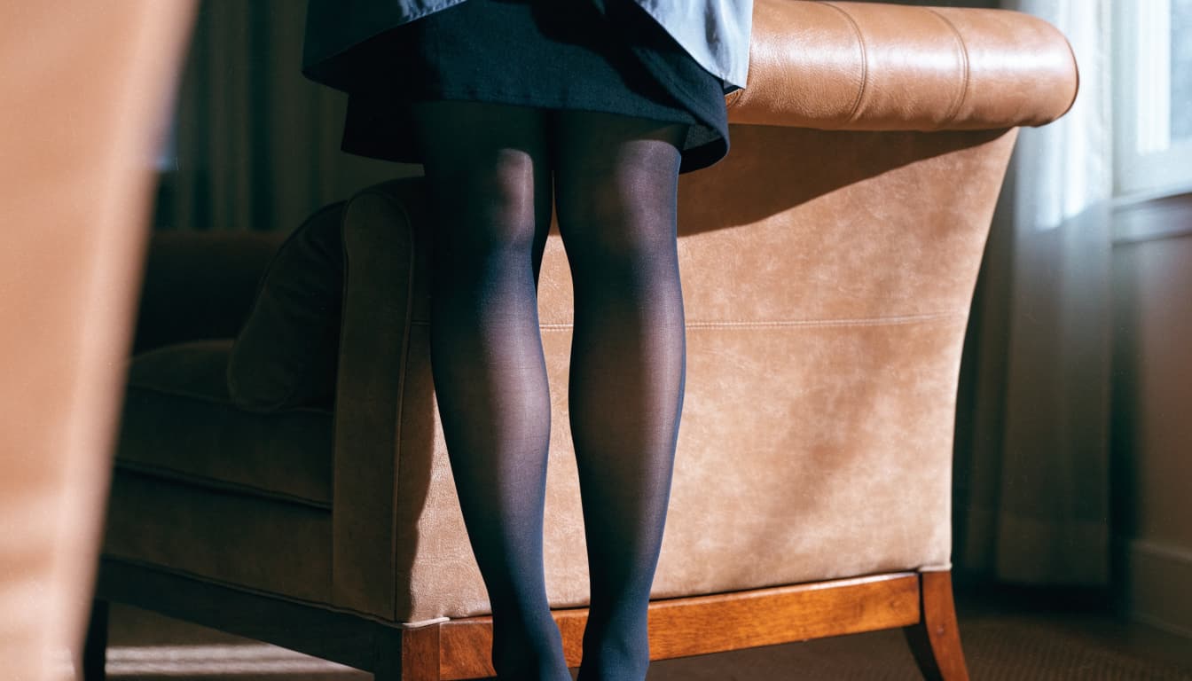 A woman's legs in black opaque hosiery standing beside a tan armchair.