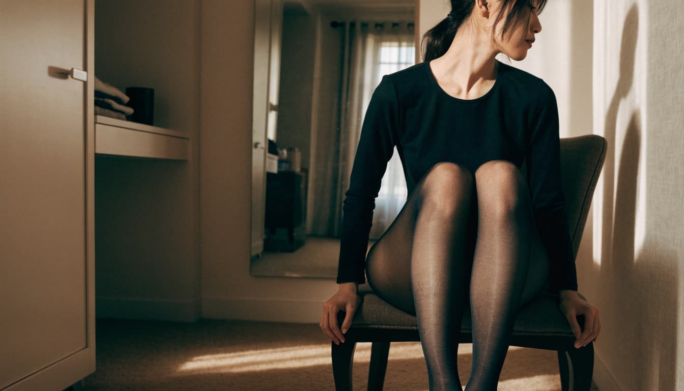 A woman in black tights and a dark top sitting on a chair in a room with a mirror.