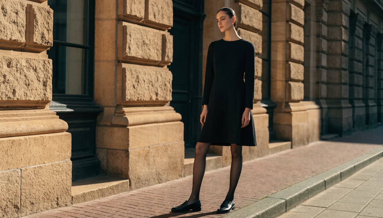 A woman in black hosiery, a knee-length dress, and loafers stands beside a tan stone building.