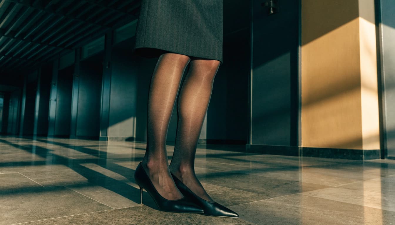A woman's legs in sheer black hosiery and pointed-toe heels standing in a modern lobby.