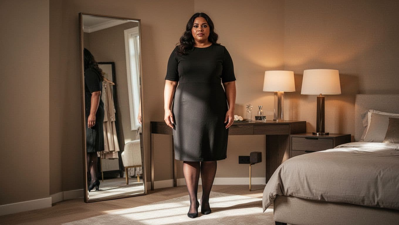 Woman in a dress and black hosiery beside a full-length mirror.