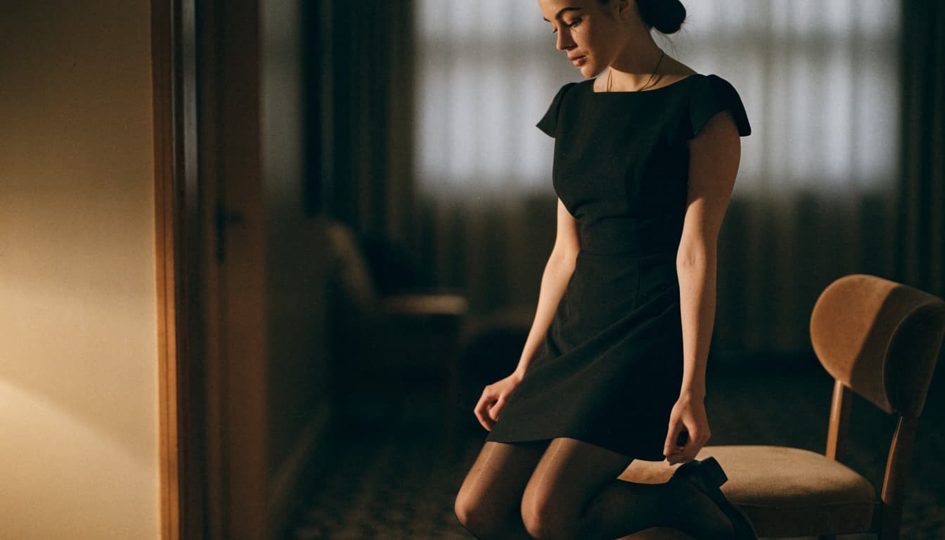 A woman in a black dress and sheer hosiery stands beside a tan chair.