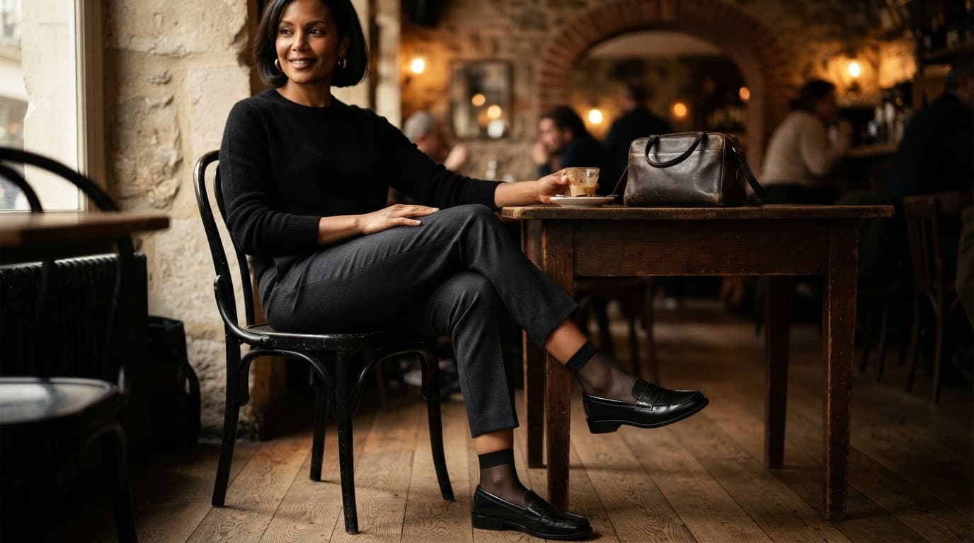 Woman in black anklets and loafers seated at a cafe table with a handbag.