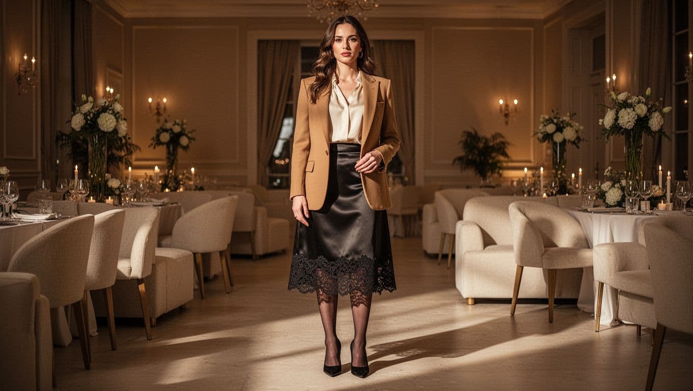 Woman in a tan blazer and black midi skirt wearing lace-top hosiery at an elegant event.